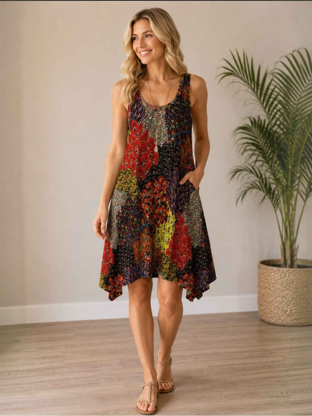 Neesha Bohemian Racerback Tank Dress Sharkbite Hem S/M